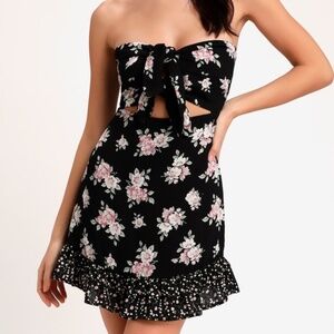 NWT Lulus Frances Black Floral Print Strapless Tie-front Mini Dress - Size XS